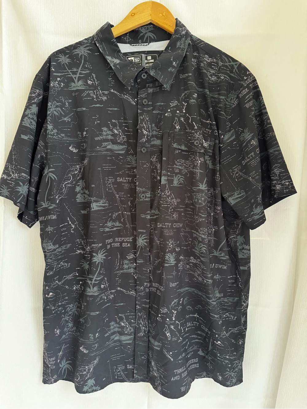 Salty Crew Black Short Sleeve Button-Up with Subtle Gray Tropical Print